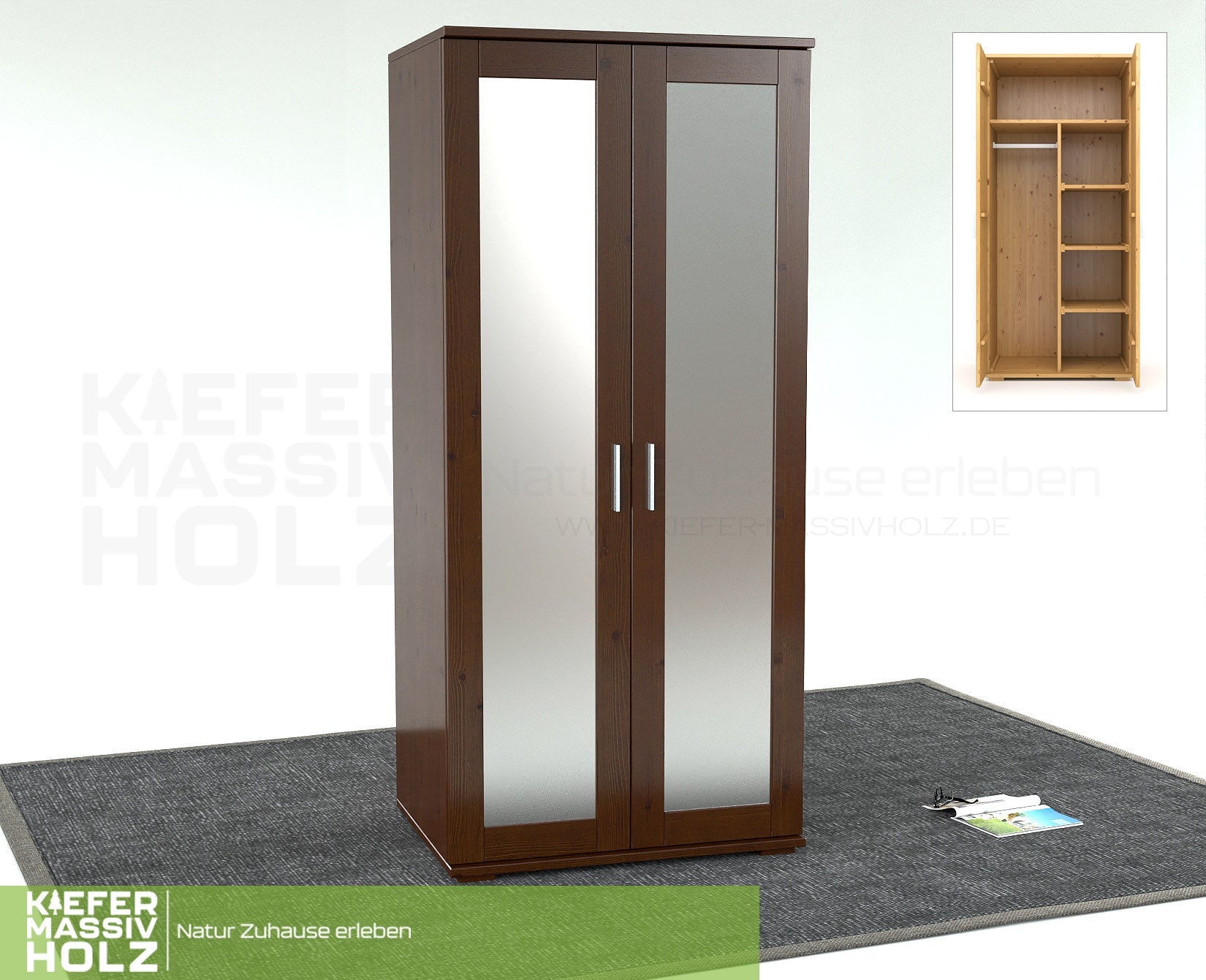 Nobis Spiegeltürenschrank | Kleiderschrank | Regale und Kleiderstange | 100% Bio Kiefer Massivholz