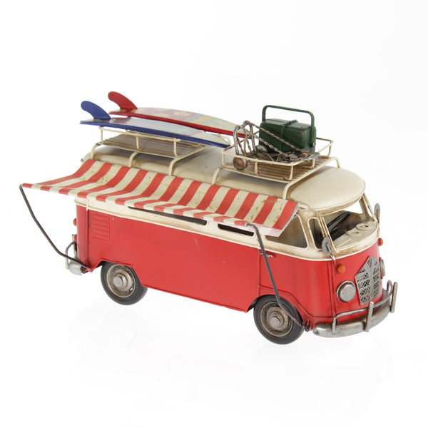 Metall-Bulli mit Markise, 27 x 11 x 17cm, rot - Dekoratives Modellauto für Sammler und Liebhaber