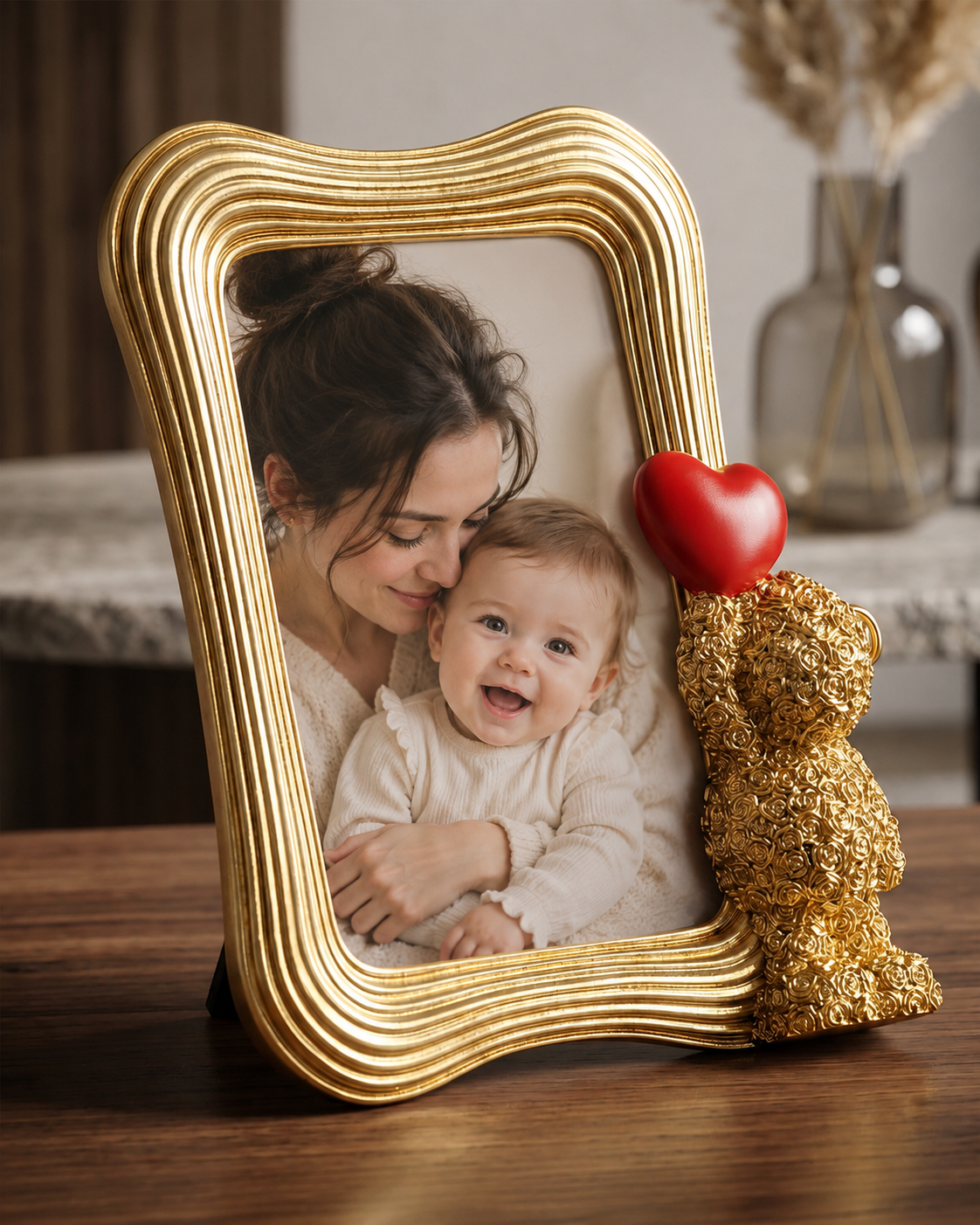 Bilderrahmen Belloro Teddybär mit Herz in Gold für Fotos 10x15 cm