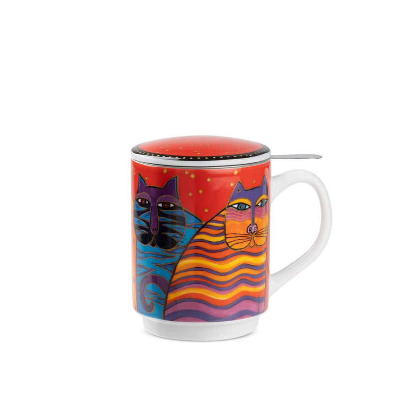 3er Set "Fantastic Felines" Porzellantasse mit Deckel und Teesieb – Rot