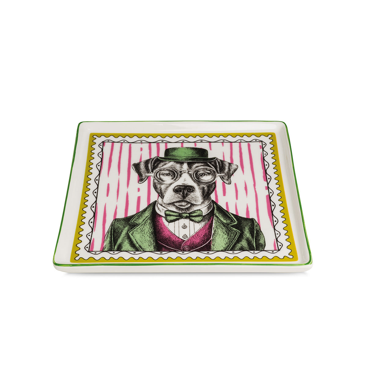 Dandy Dog Teller Set 4er Quadratisch Porzellan Gelb Grün Hundemotiv