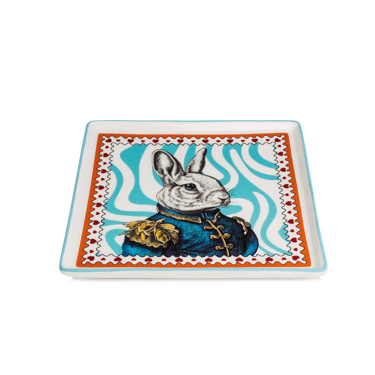 Dynamic Rabbit Teller Set 4er Quadratisch Porzellan Weiß Orange Hasenmotiv