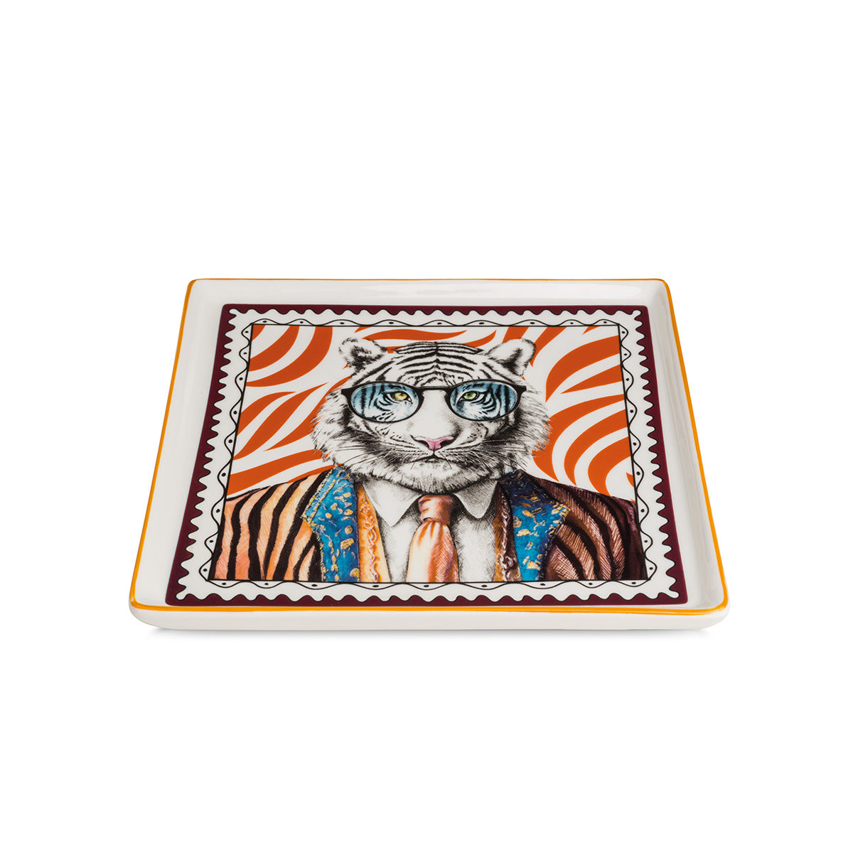 Dandy Tiger Teller 4er Set Quadratisch Porzellan Gelb Orange Tigermotiv