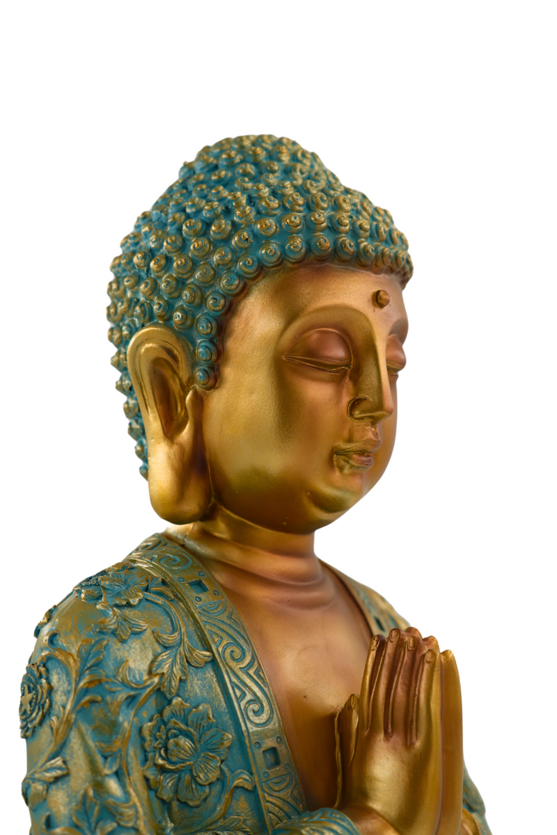 Buddhafigur XXL Erhabene Buddha Figur NYORAI in Mintgrün & Gold 41,5 cm Höhe
