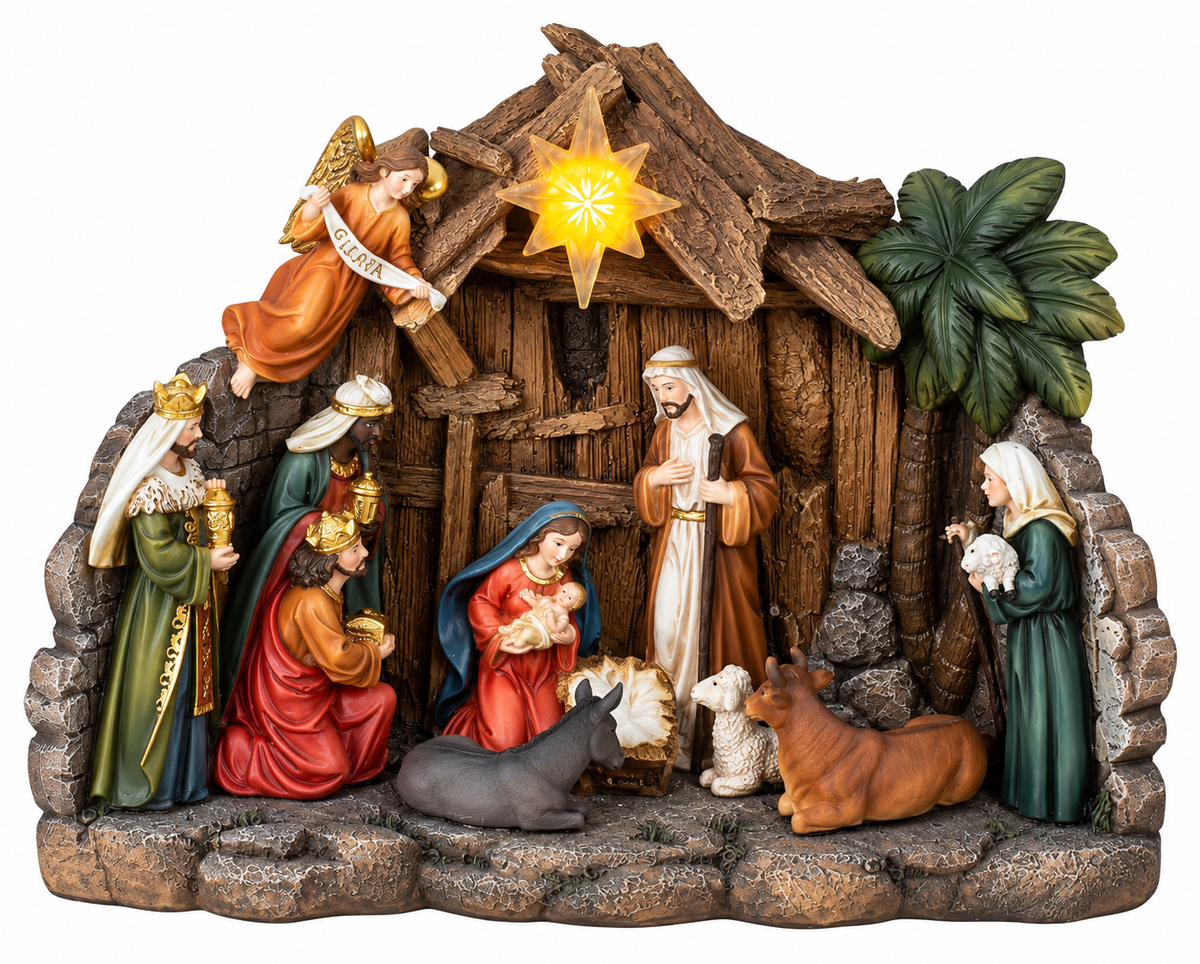 Weihnachtskrippe mit 11 Figuren und LED Stern 26,3 cm