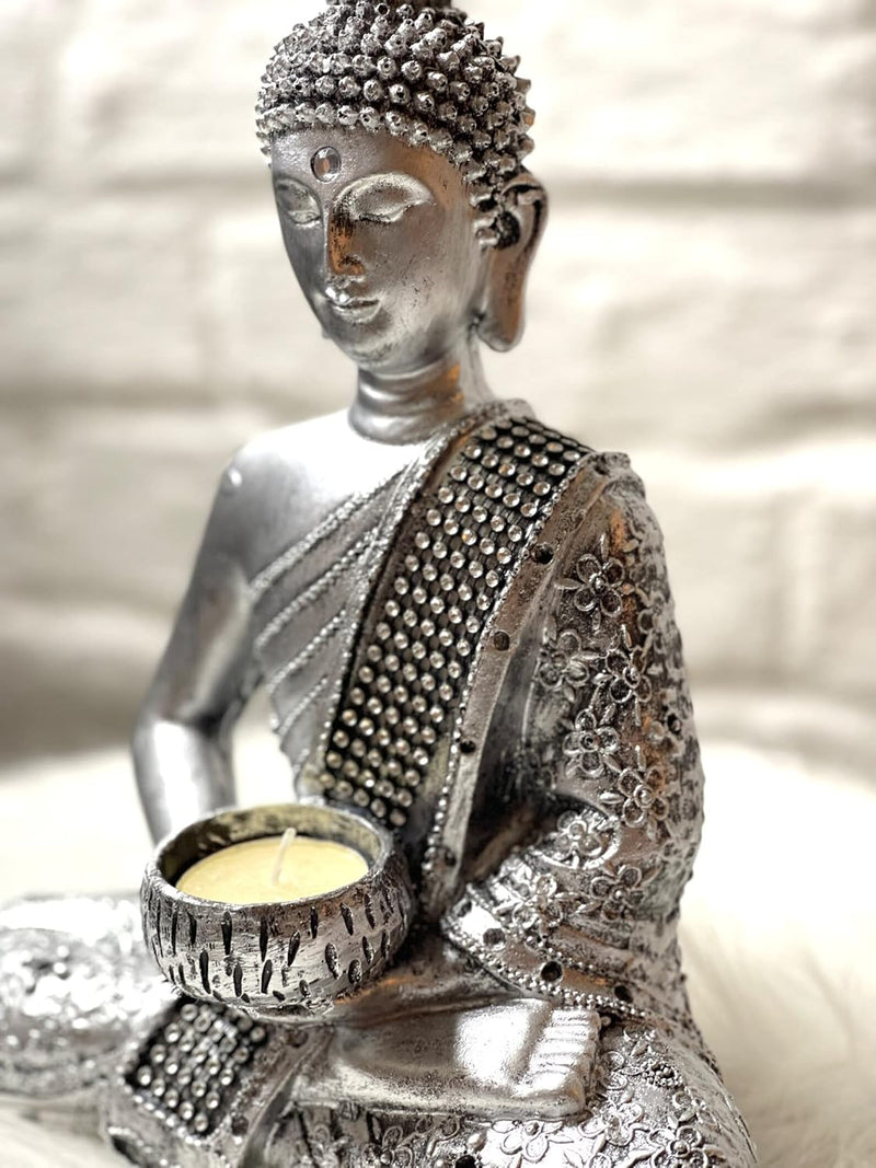 Buddha tealight holder silver – meditative decorative figure with glitter decoration