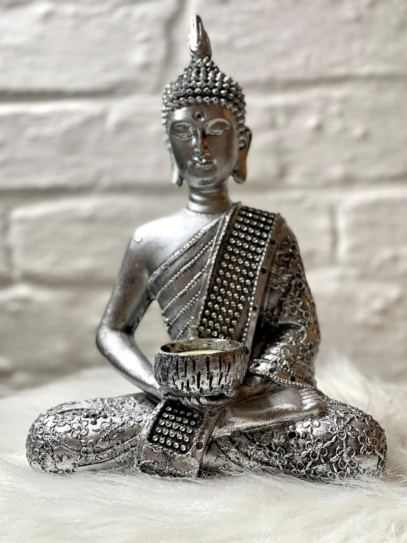 Buddha tealight holder silver – meditative decorative figure with glitter decoration