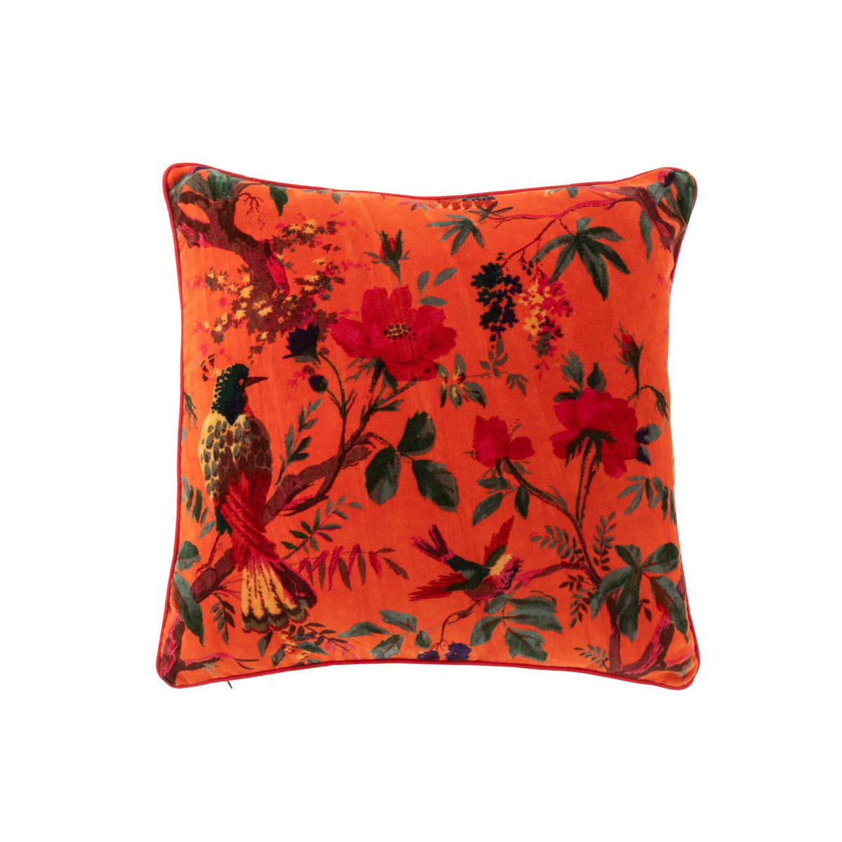 J-Line cushion birds/flowers cotton velvet orange