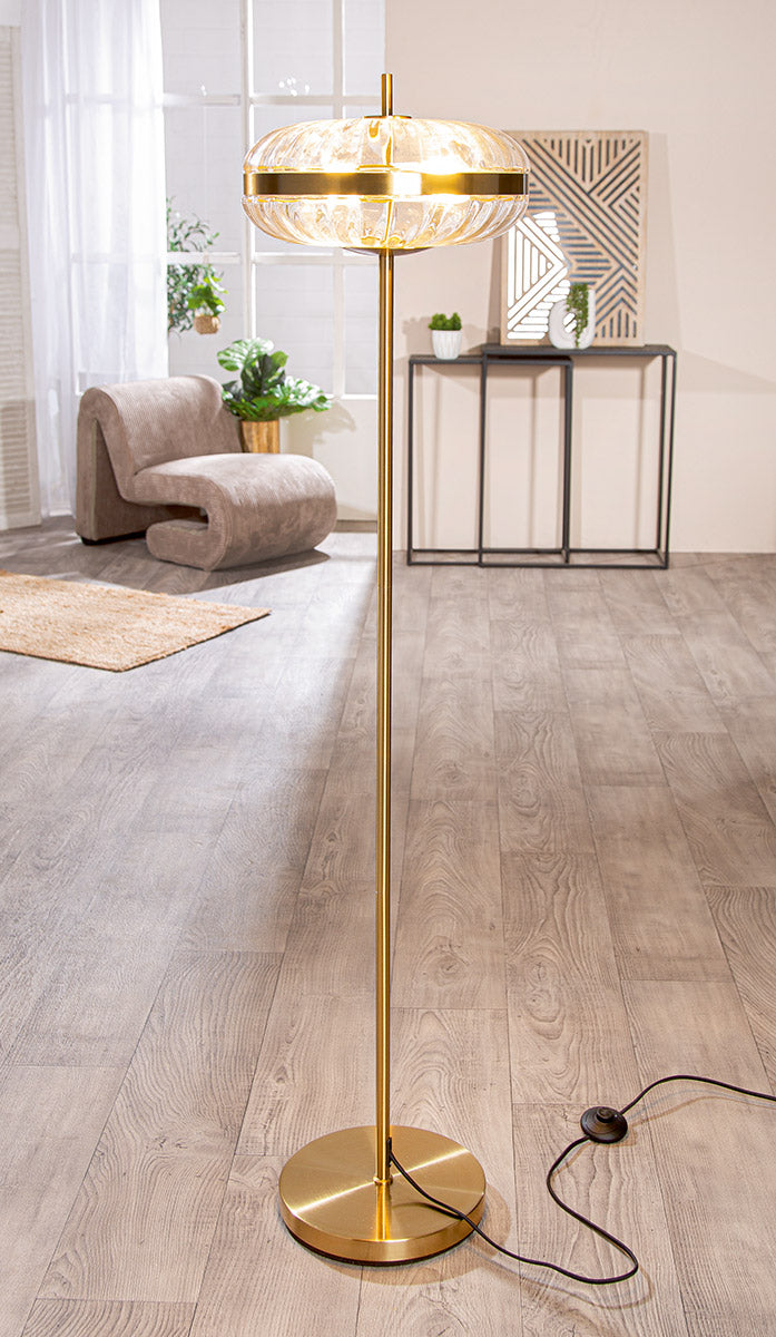 Glamour Shine Stehleuchte Gold mit Glas Schirm und 2x E27 Fassung 150cm