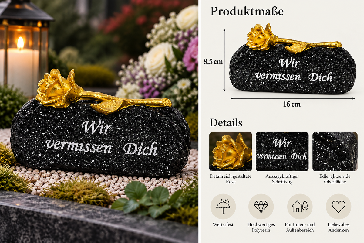 Gedenkstein Wir vermissen Dich schwarz gold mit Rose 16 cm