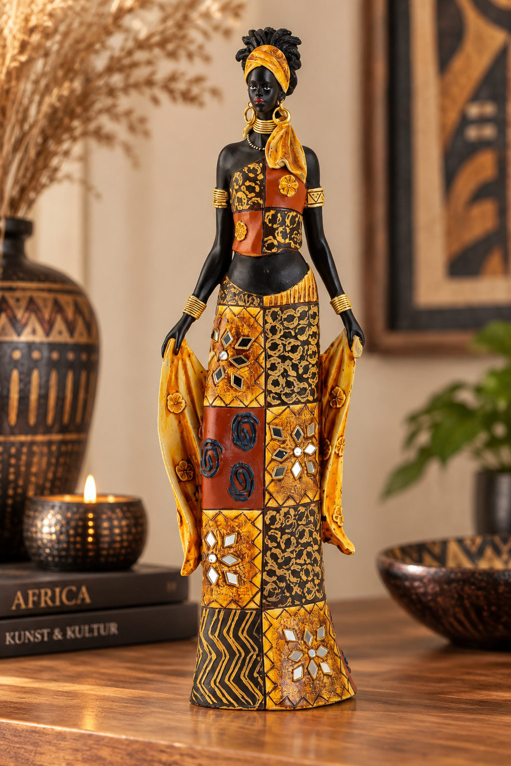Dekofigur Amina afrikanische Frau Patchwork goldfarben 35 cm