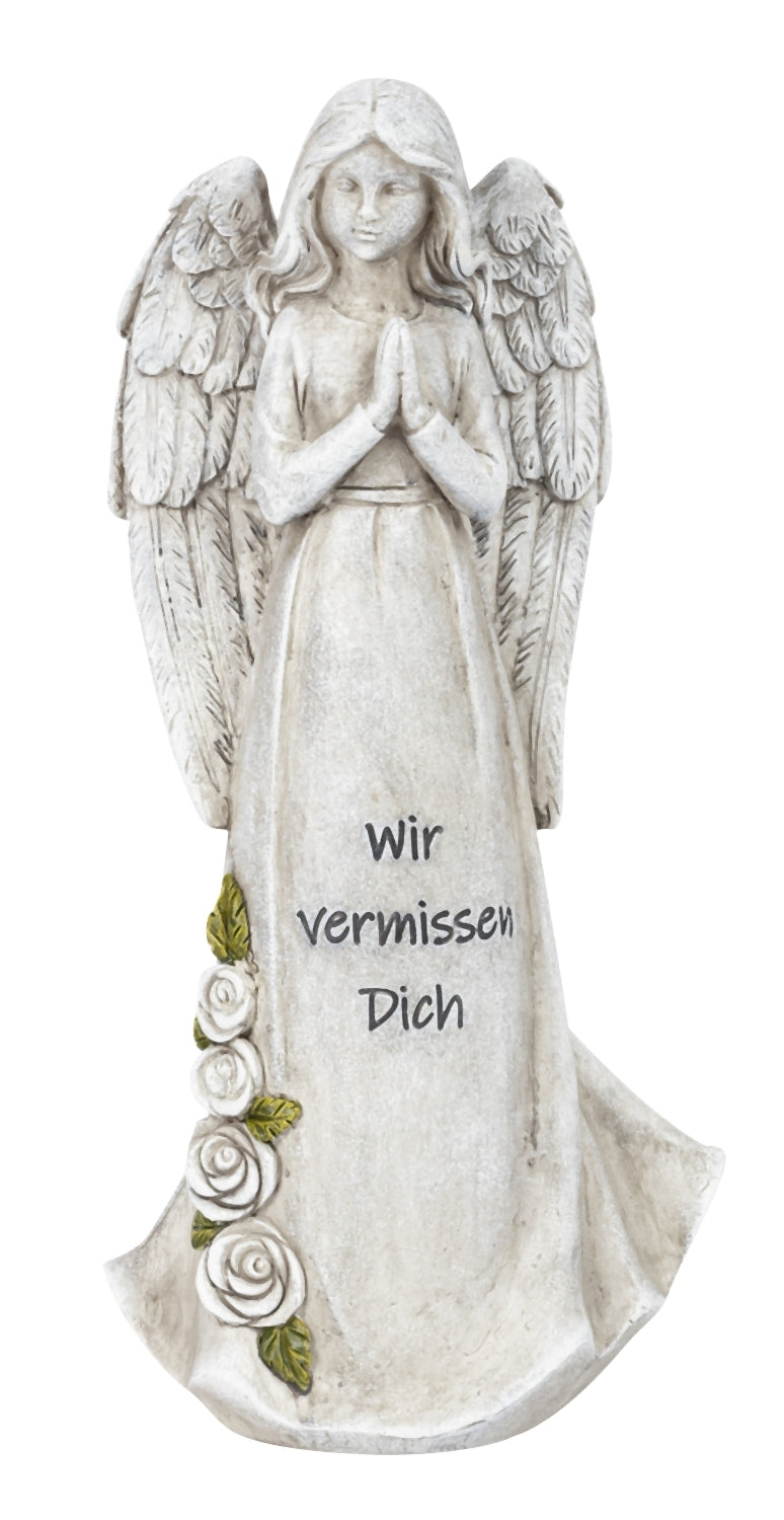 Grave angel with picture frame and tea light holder, heart-shaped, 20.5 x 20 cm, grey with gold cross, memorial figure with inscription