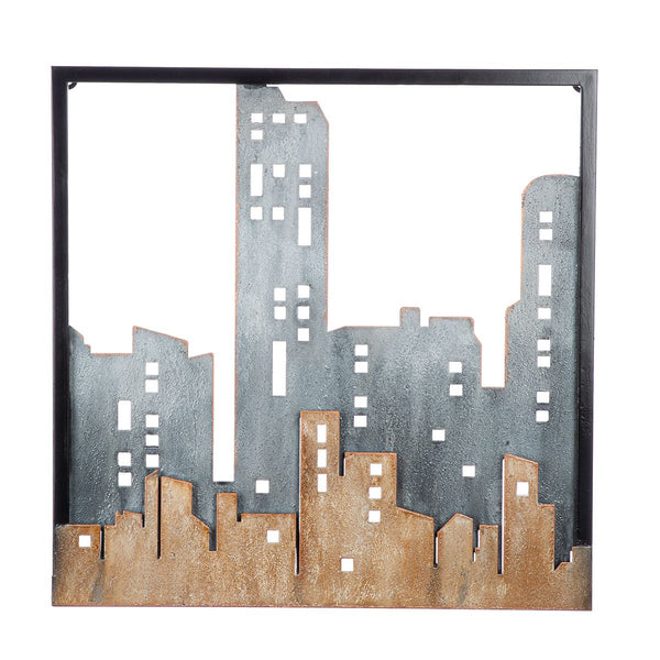 Wandreliëf City Skyline metaal blauwbruin 50x50 cm