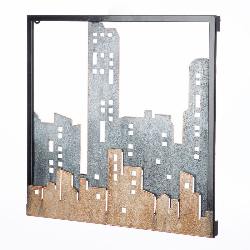 Wall Relief City Skyline Metal Blue Brown 50x50 cm