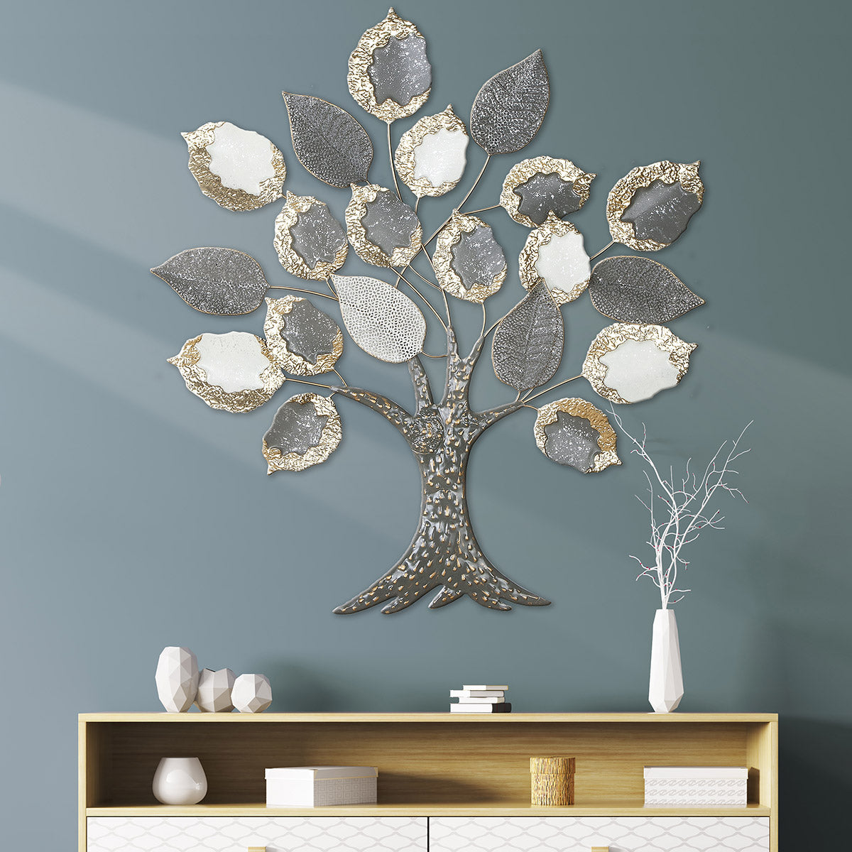 Wandrelief Big Tree Metall Grau Weiß 93x104 cm