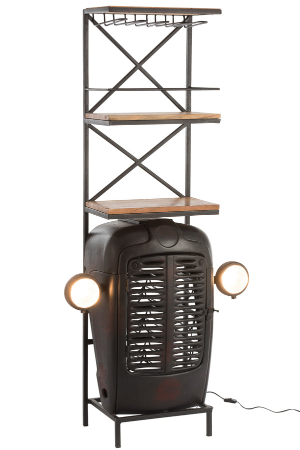Rustic handcrafted black and natural colored metal and wood tractor wine rack
