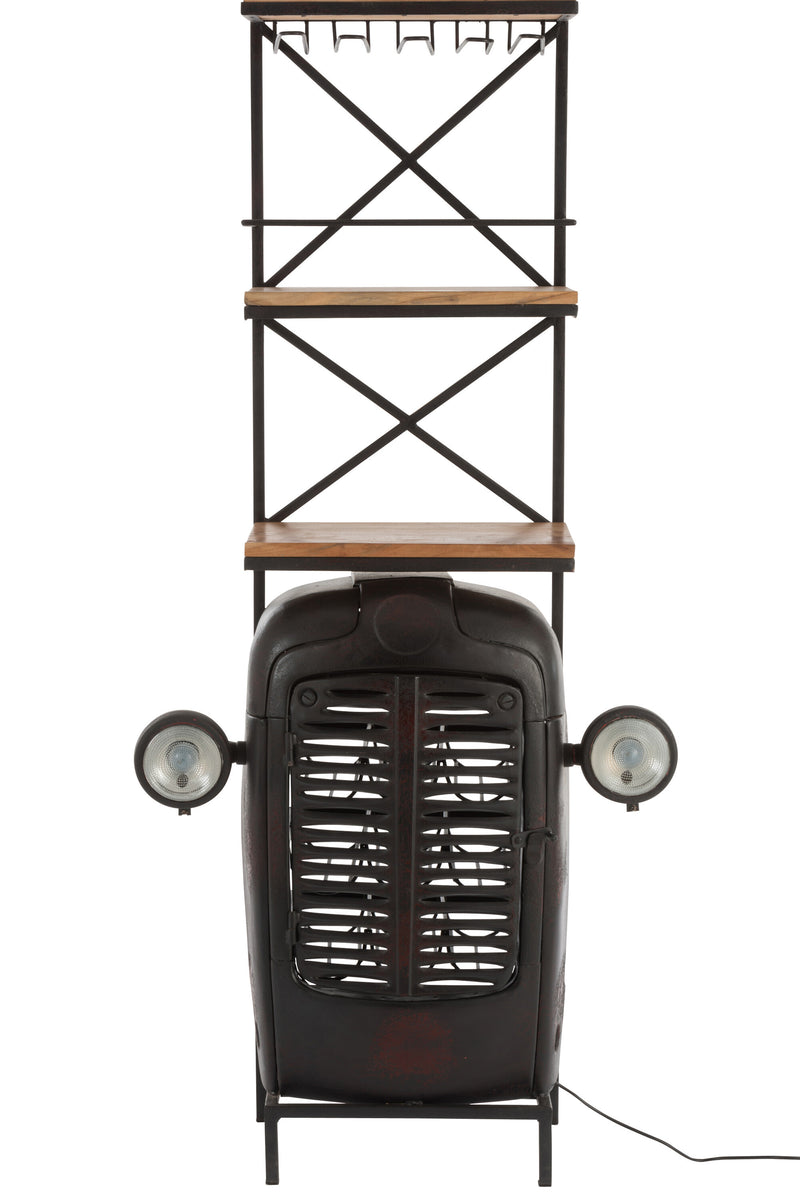 Rustic handcrafted black and natural colored metal and wood tractor wine rack