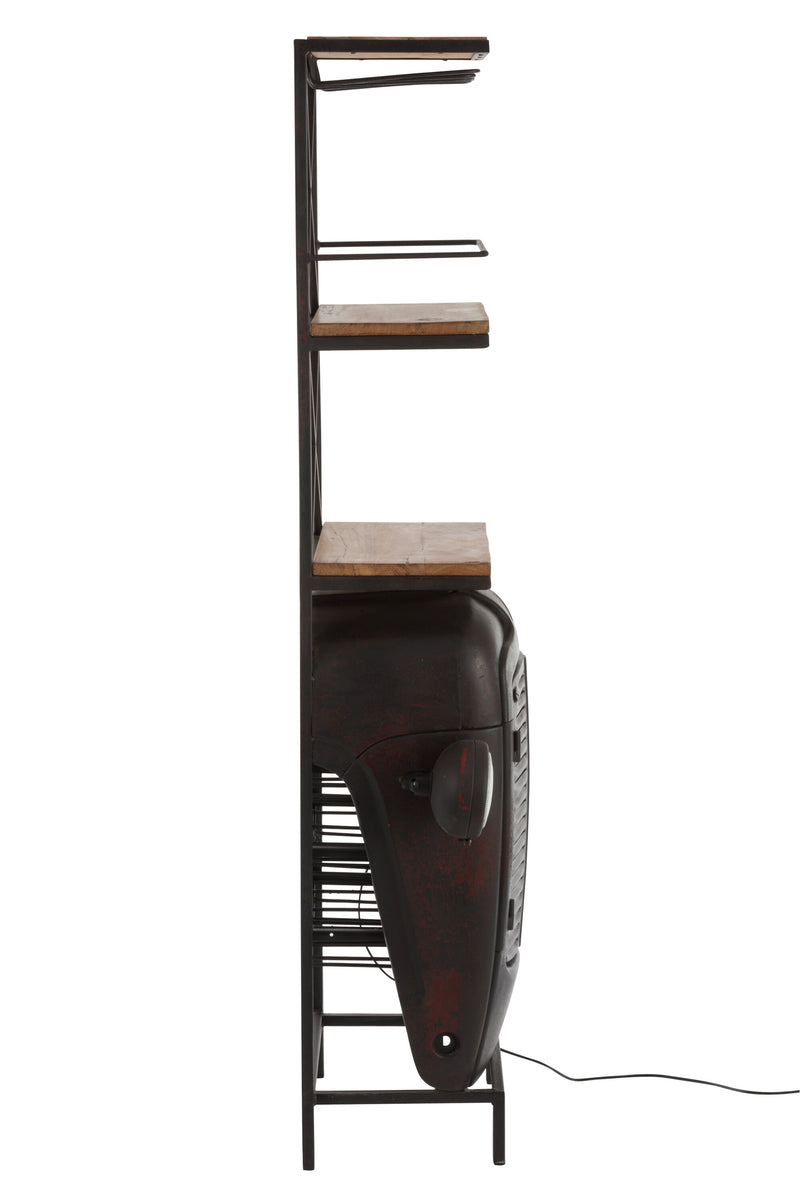 Rustic handcrafted black and natural colored metal and wood tractor wine rack