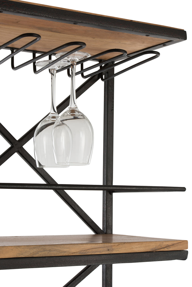 Rustic handcrafted black and natural colored metal and wood tractor wine rack
