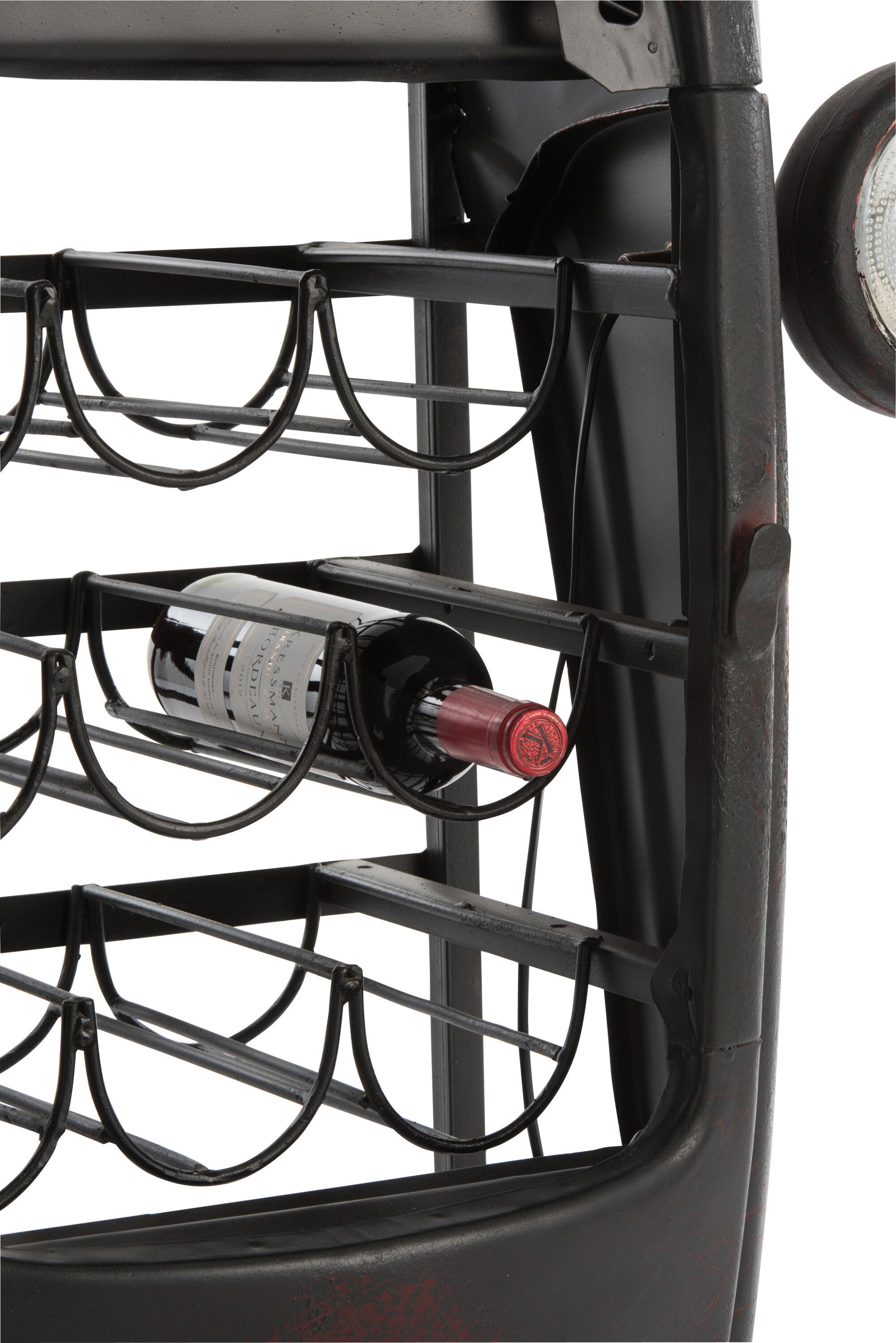 Rustic handcrafted black and natural colored metal and wood tractor wine rack
