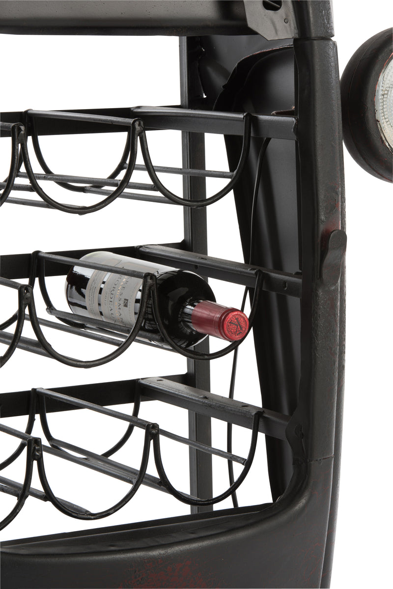 Rustic handcrafted black and natural colored metal and wood tractor wine rack