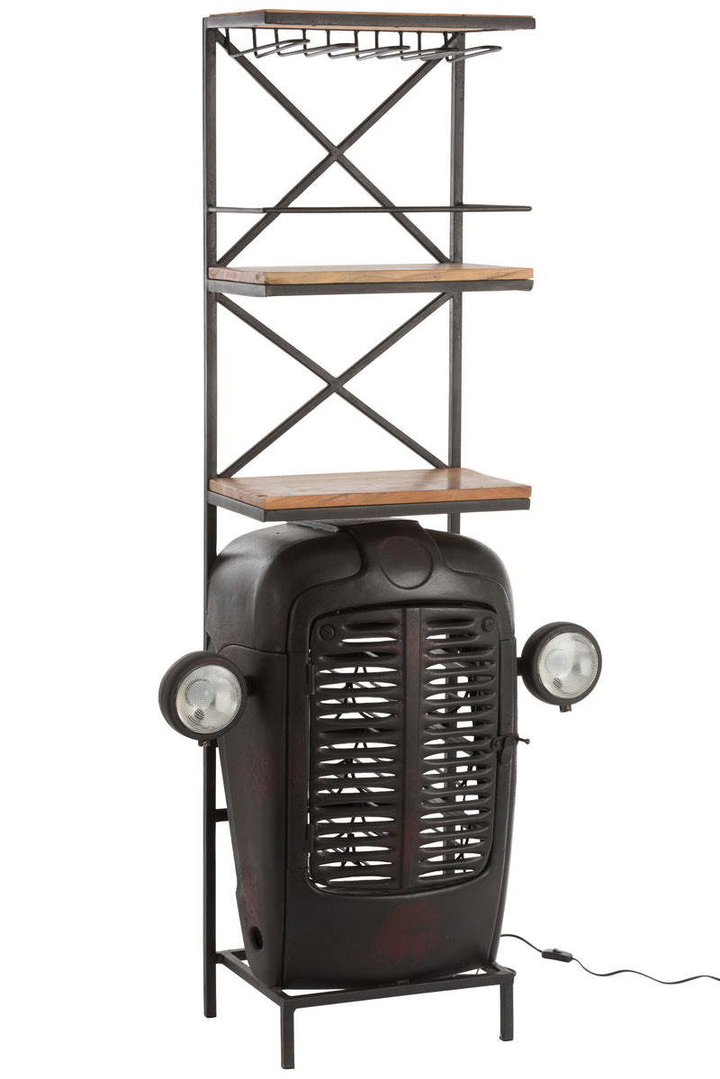 Rustic handcrafted black and natural colored metal and wood tractor wine rack