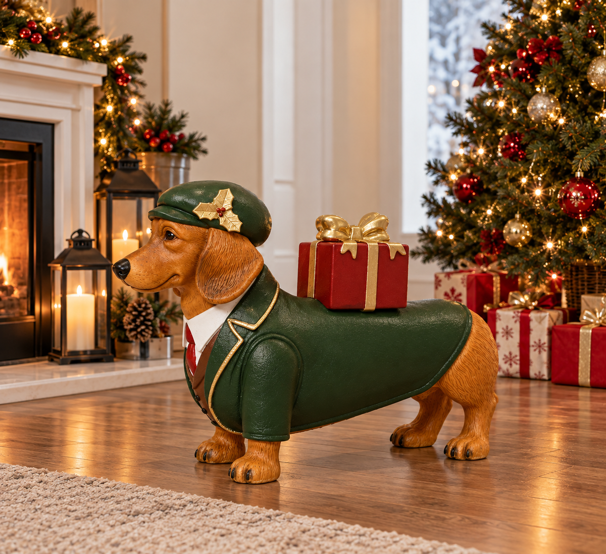 Weihnachtsfigur Hund Geschenkbringer grün 58 cm