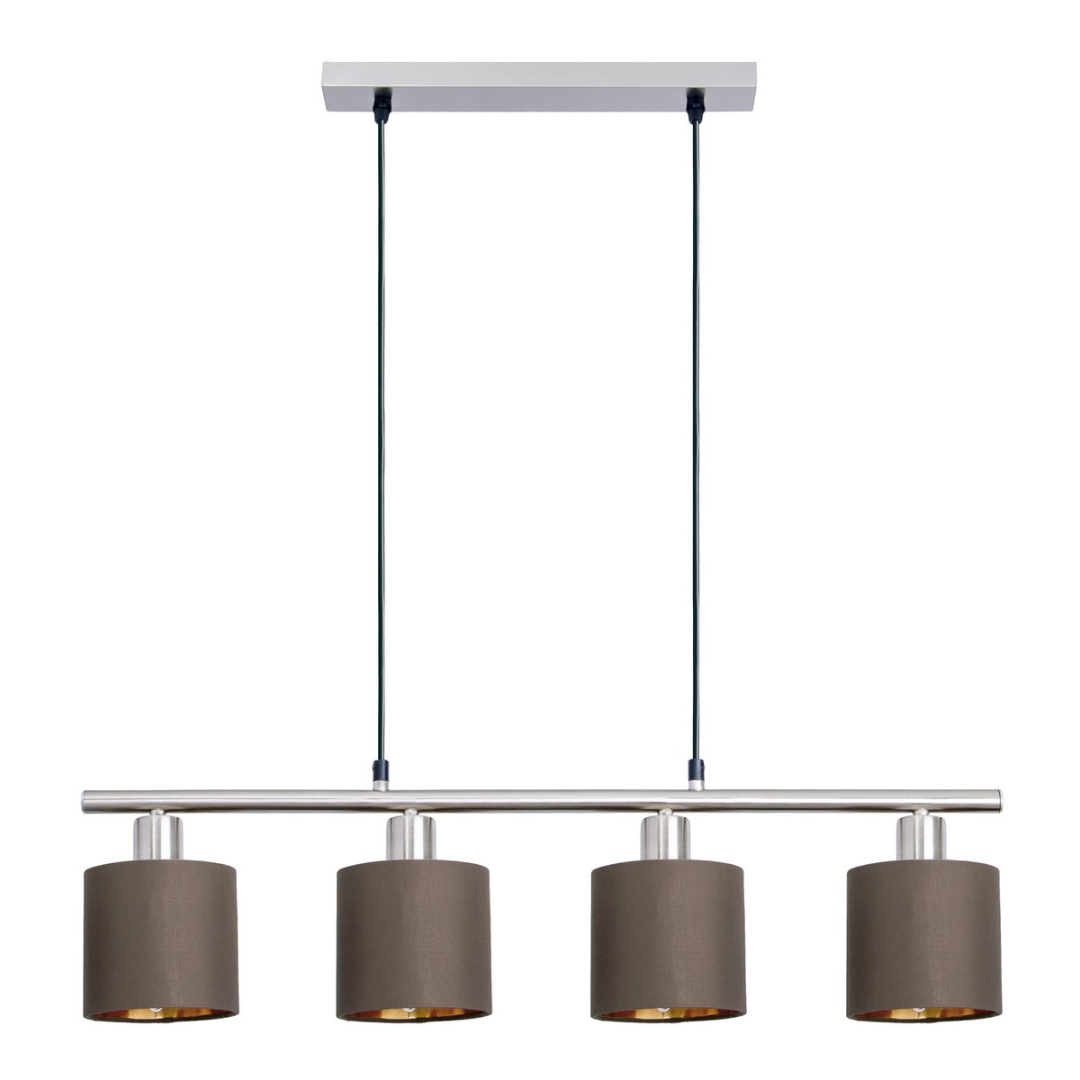 4er Pendelleuchte "MARON" aus Metall satiniert-matt mit Stoffschirmen in Braun, mit E14-Fassung, Lampe für Wohnzimmer oder Esszimmer,71,5 x 12 cm