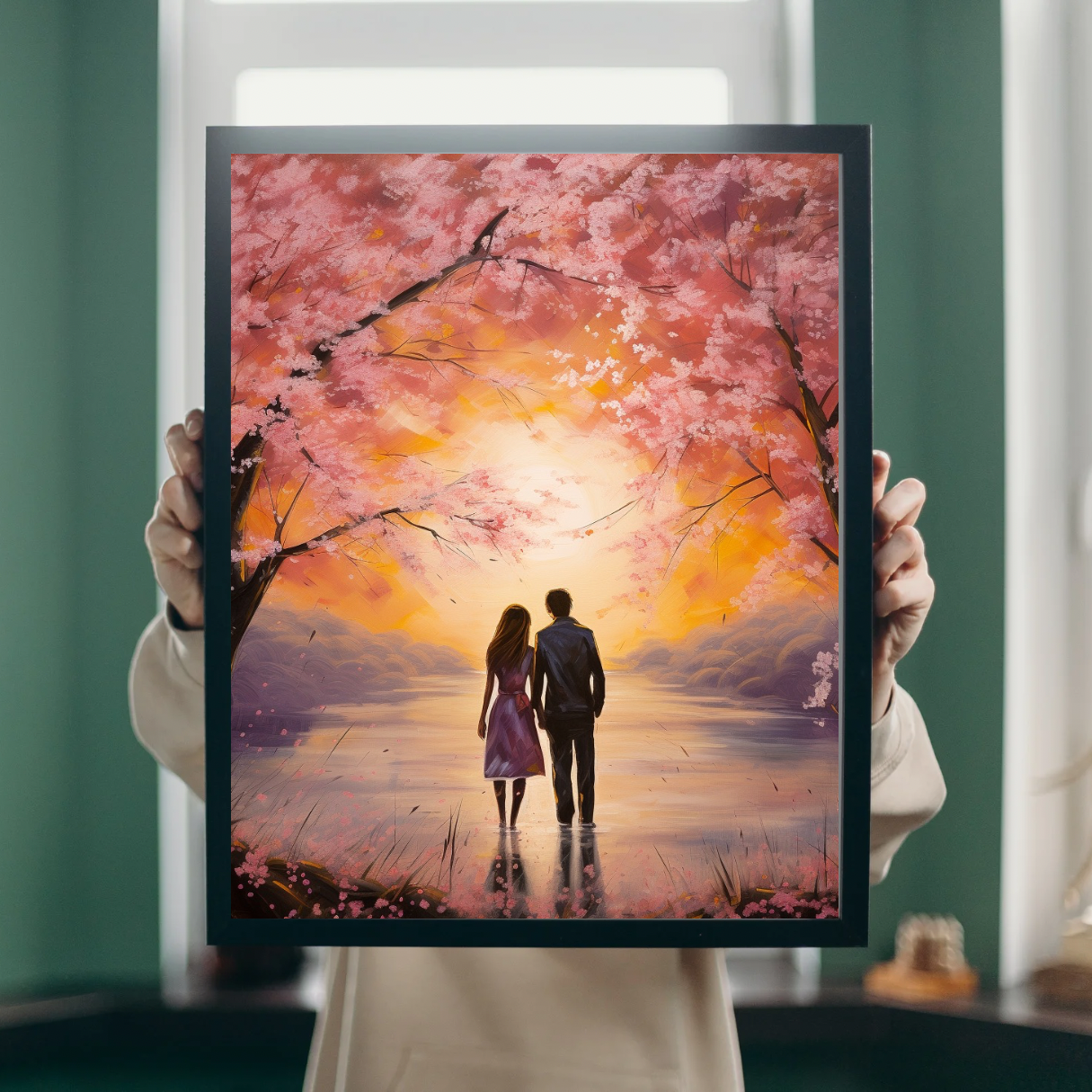 MF Romantische canvas wandafbeelding - Verliefd stel onder een kersenbloesemboom