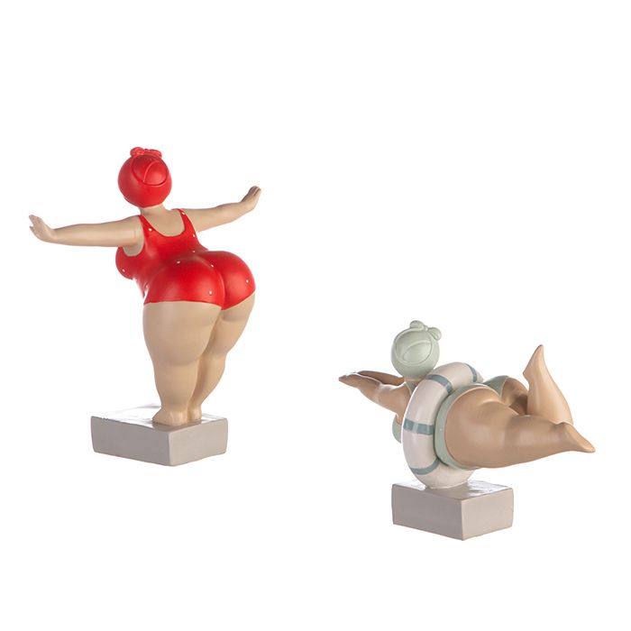 Exclusive set of 2 poly figure Aunt Elli in red &amp; mint with lifebuoy - decorative bathing ladies