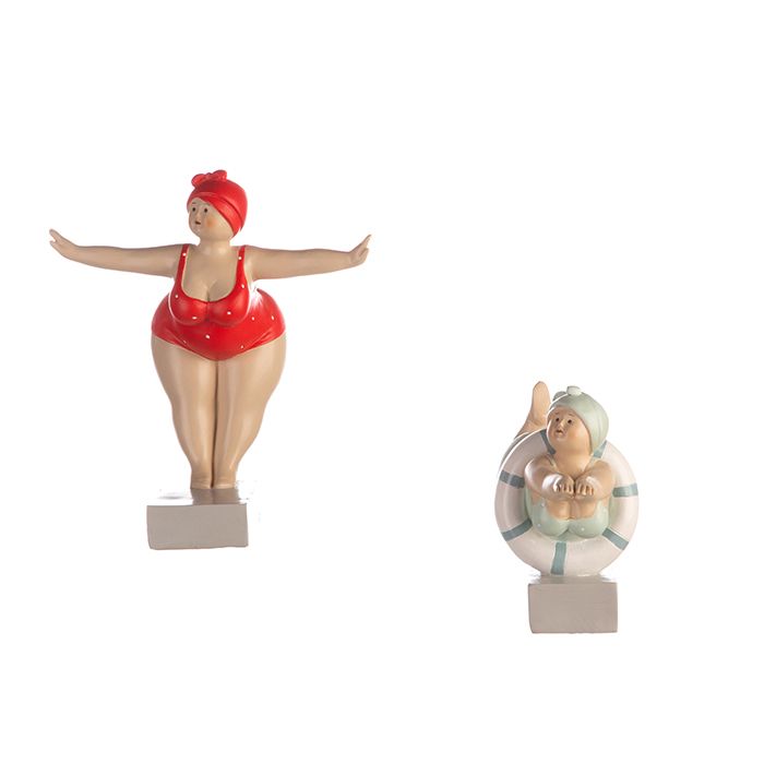 Exclusive set of 2 poly figure Aunt Elli in red &amp; mint with lifebuoy - decorative bathing ladies