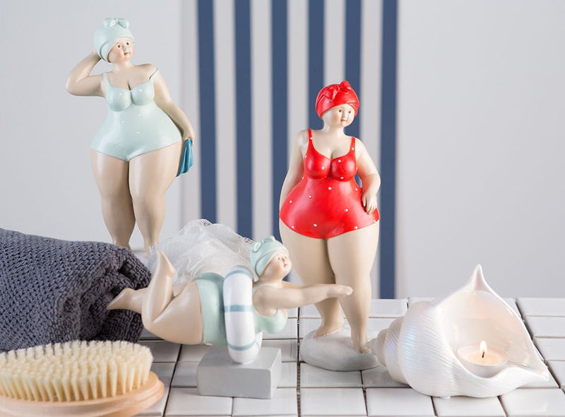 Exclusive set of 2 poly figure Aunt Elli in red &amp; mint with lifebuoy - decorative bathing ladies