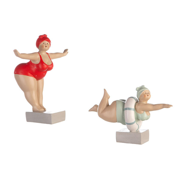 Exklusives 2er Set Poly-Figur Tante Elli in Rot & Mint mit Rettungsring - Dekorative Badedamen