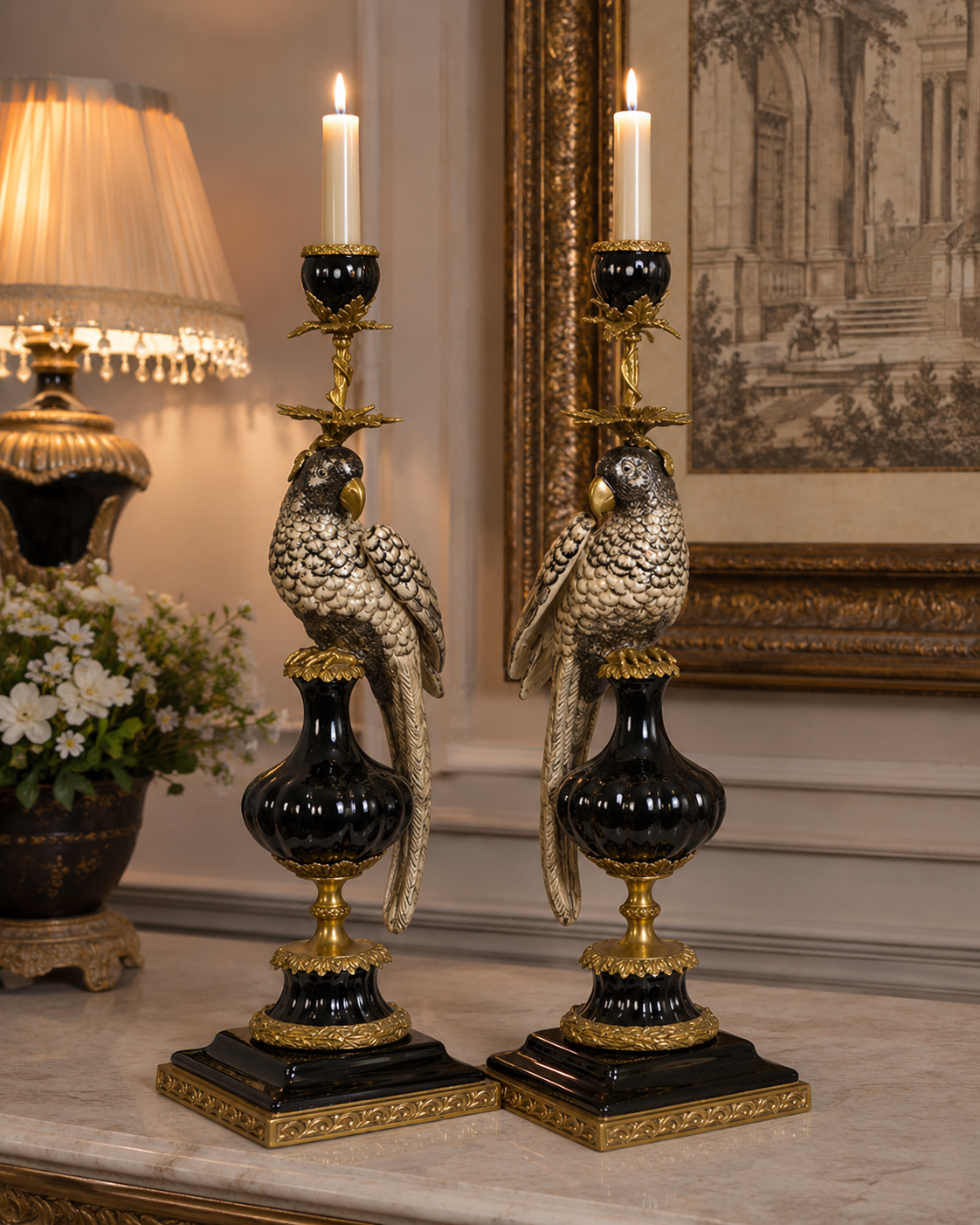 Papageien Kerzenhalter Set Porzellan Bronze Montiert Antik 48cm