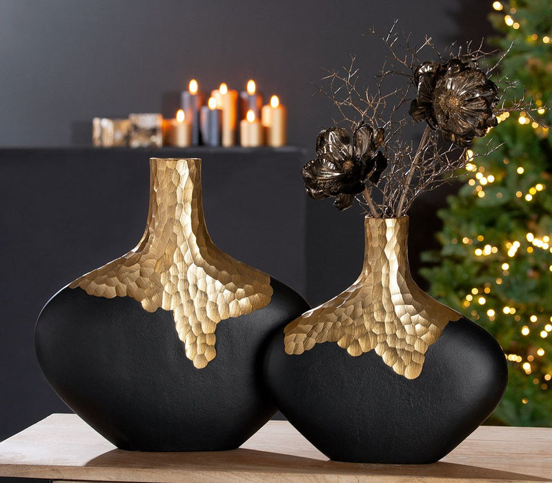 Aluminium Vase Favo - Elegante Vase in Schwarz/Goldfarben, Modernes Wabendesign, Tischdekor