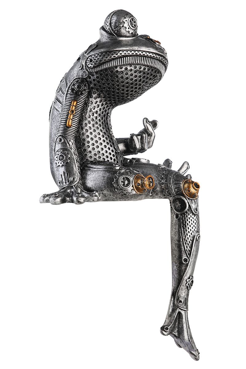 2er Set Steampunk Frog Polyresin Skulptur - Antik Silber und Kupferfarbene Akzente