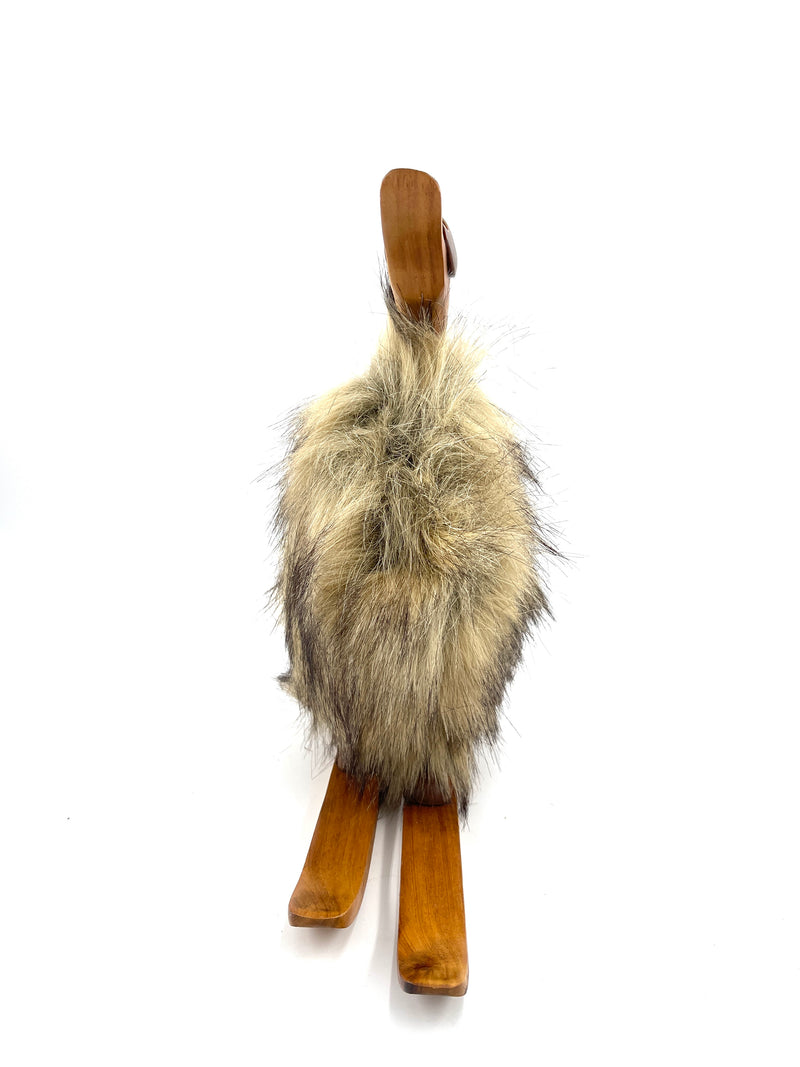 Decorative duck on skis made of wood and fur, brown 39cm