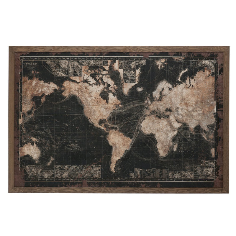 XXL LED World Map Wooden Canvas Black Brown with Frame