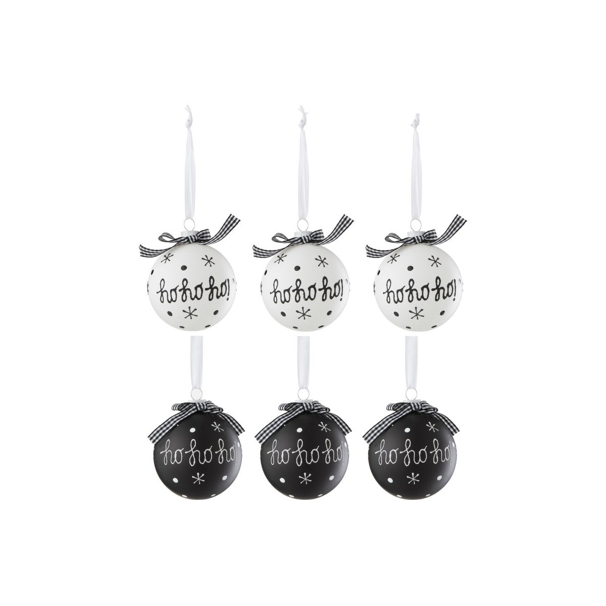 J-Line Box mit 6 Weihnachtskugeln 3+3 Hoho+Schneeflocken+Schleife, Glas, Schwarz/Weiß, klein
