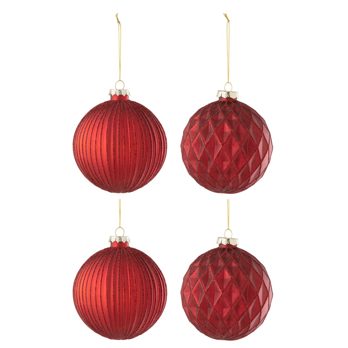 J-Line Box mit 4 Weihnachtskugeln, 2+2 gerippt/rautenförmig, Glas, Rot, groß