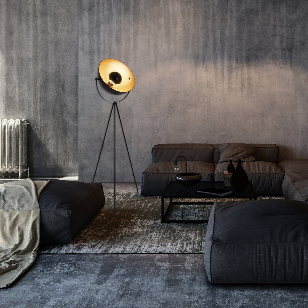 Stehleuchte Dreibein "BERNICE", Stehlampe aus Metall in Schwarz, und Gold mit E27-Fassung, Beleuchtung für Wohnzimmer, Esszimmer oder Büro