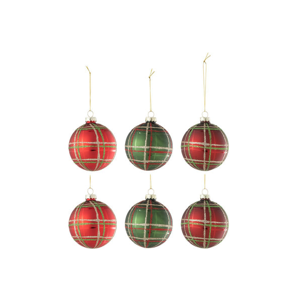 Set of 6 Checkered Christmas Baubles in Red and Green – 8 cm, Glass