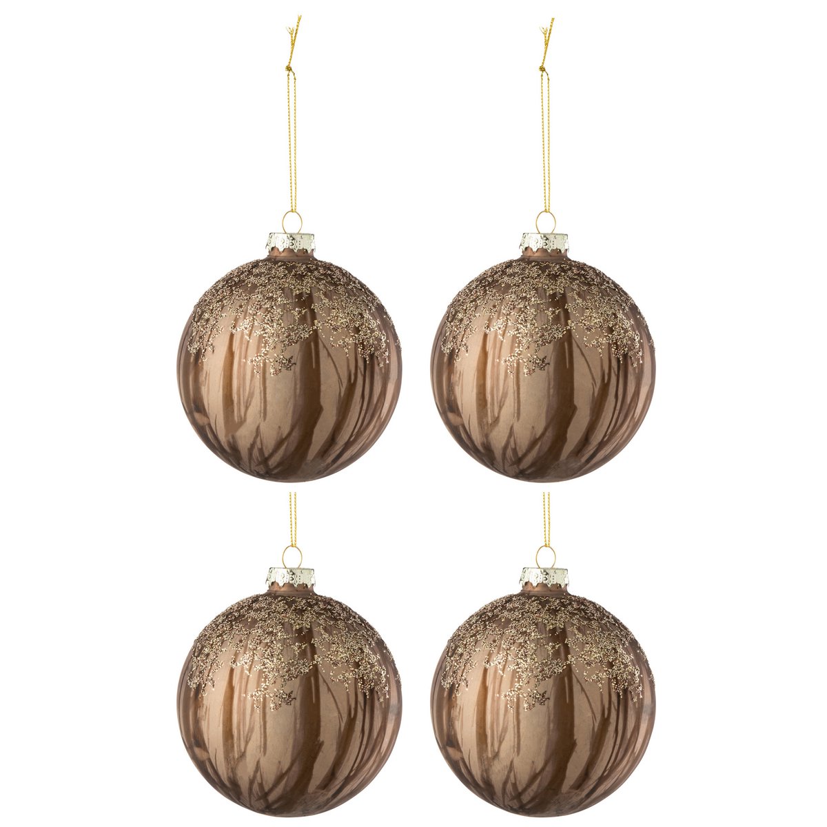 J-Line Box with 4 Christmas Baubles, Lines + Sequins, Glass, Brown, Light/Dark