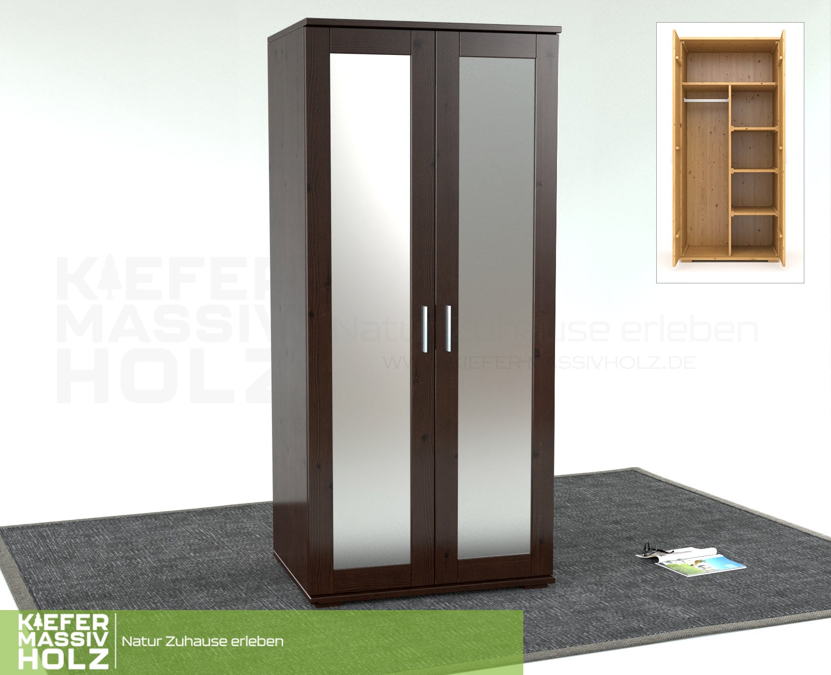 Nobis Spiegeltürenschrank | Kleiderschrank | Regale und Kleiderstange | 100% Bio Kiefer Massivholz