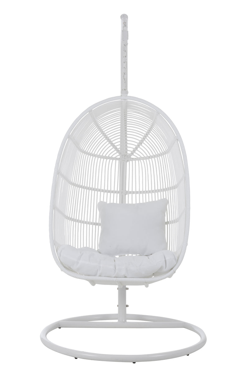 White steel oval hanging chair: relaxation and conviviality outdoors
