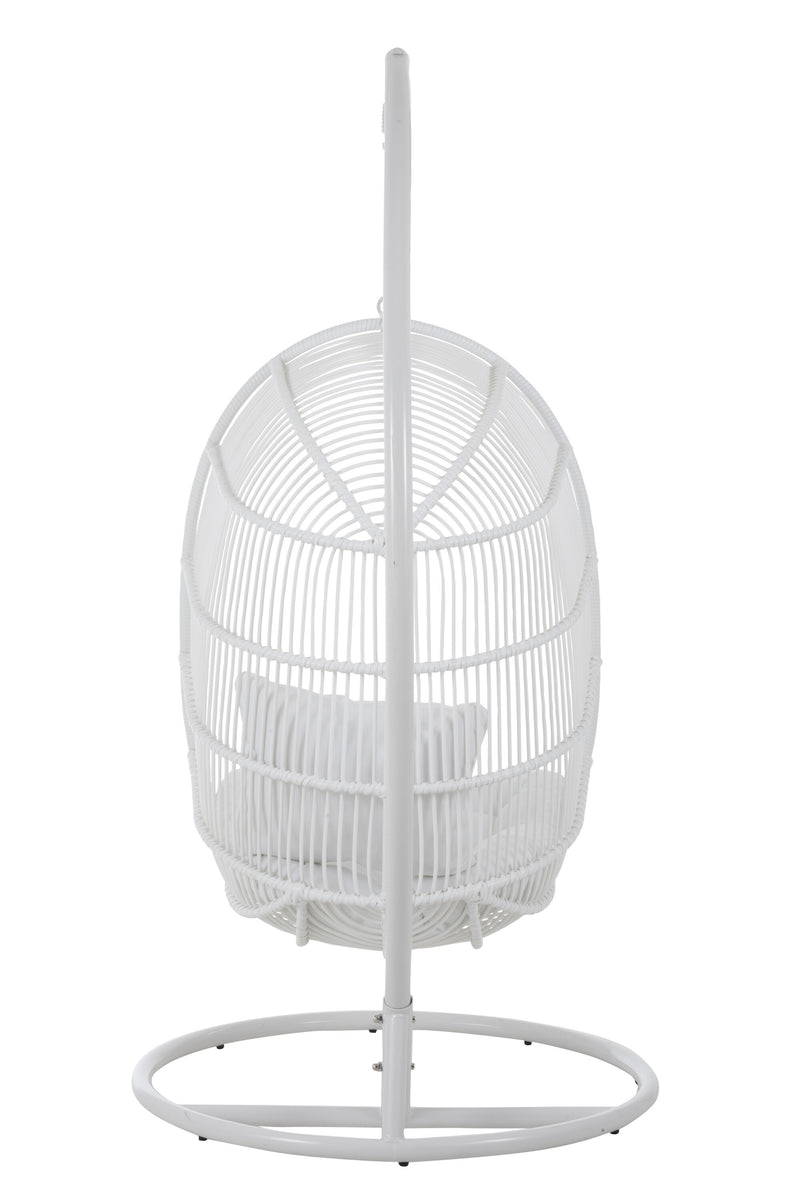 White steel oval hanging chair: relaxation and conviviality outdoors