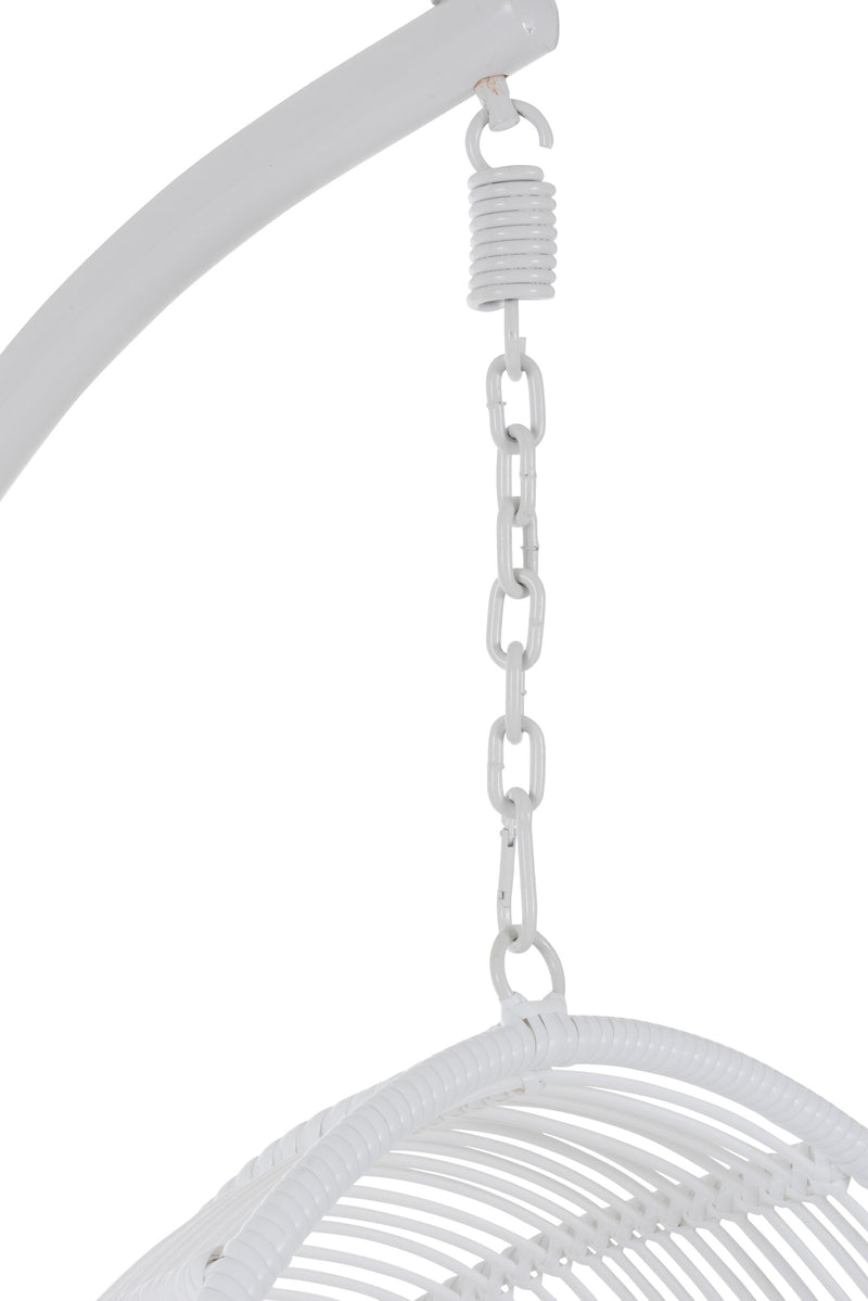 White steel oval hanging chair: relaxation and conviviality outdoors
