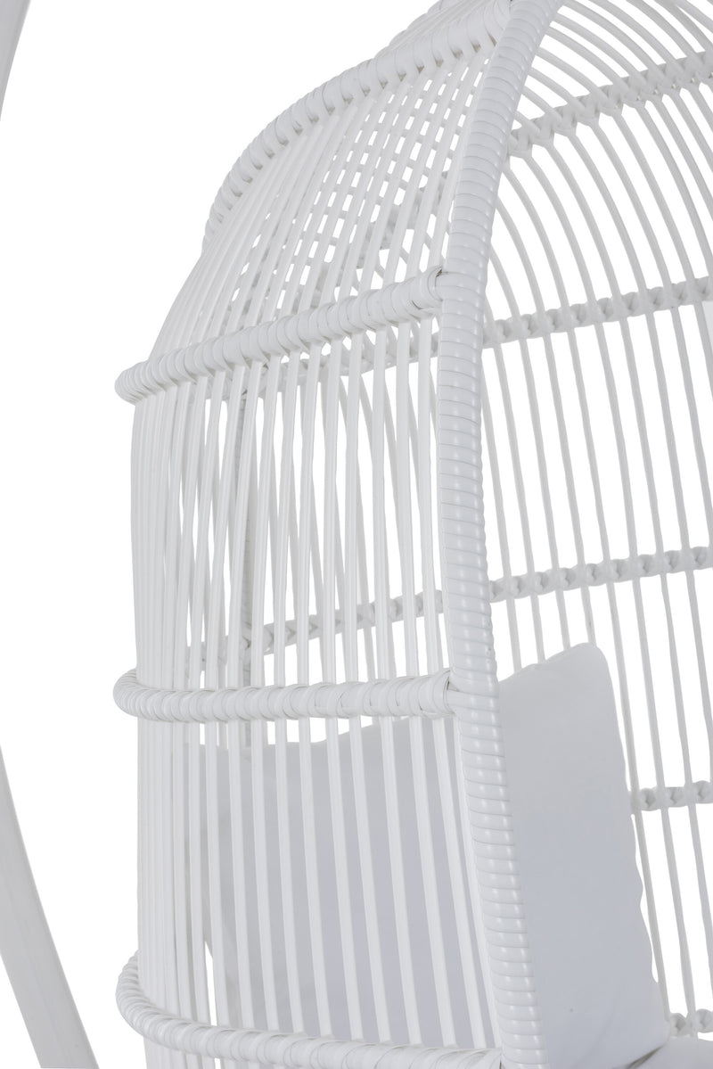 White steel oval hanging chair: relaxation and conviviality outdoors