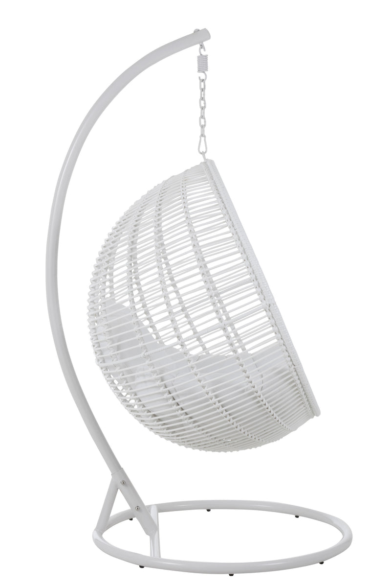Round hammock chair made of steel and wicker in white: relaxation and coziness outdoors