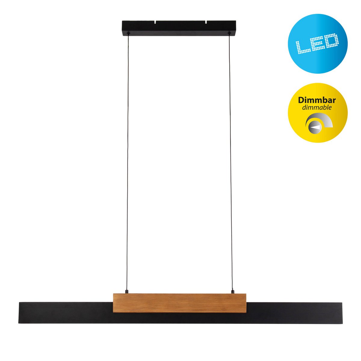 LED Pendelleuchte braun "WIEBKE" besteht aus Metall und Holz (MDF) in Schwarz und Braun. Sie ist ca. 120,5 cm lang, ca. 6 cm breit und bis ca. 150 cm hoch. höhenverstellbar, mit integriertem Leuchtmittel, dimmbar, mit Memory-Effekt
